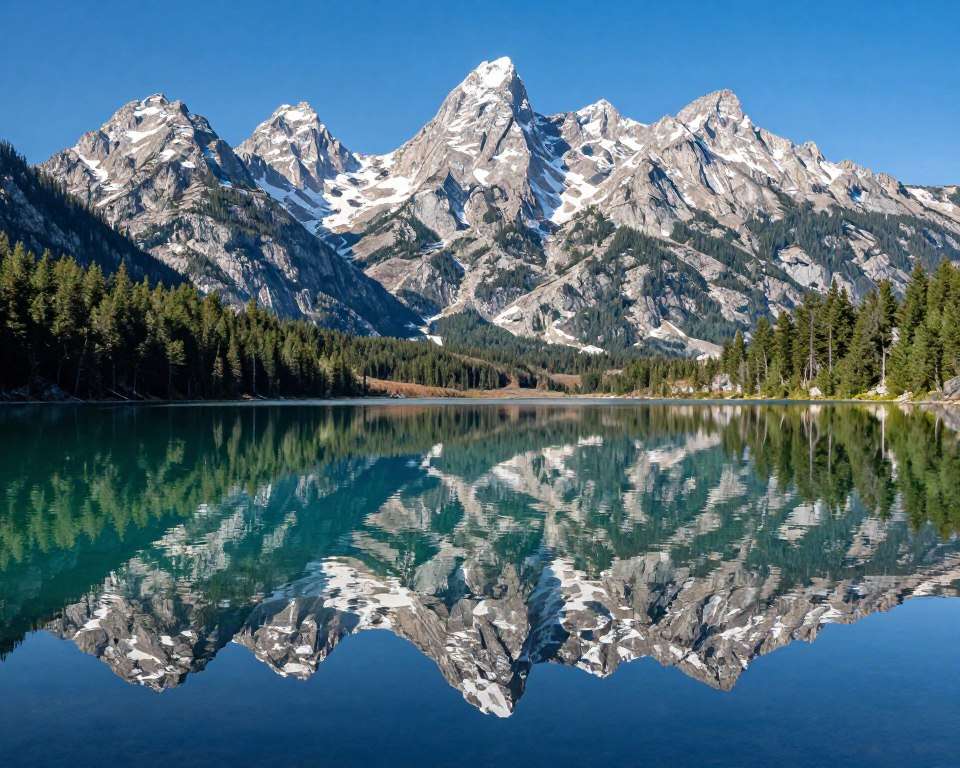Crystal clear lake in Grand Teton National Park with mountain reflection Crystal clear lake in Grand Teton National Park with mountain reflection