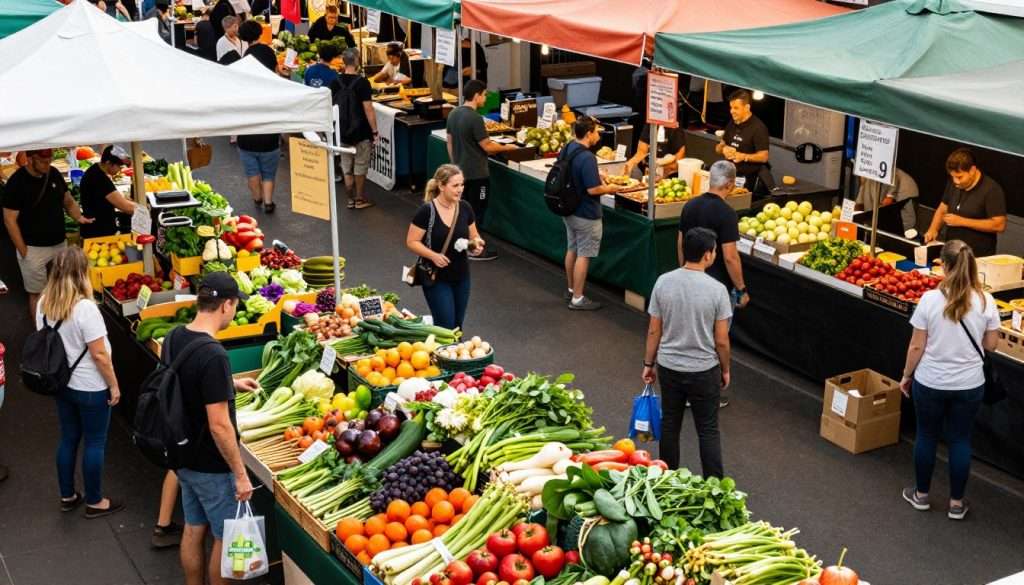 Diverse Melbourne food market with fresh produce