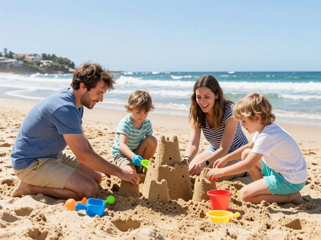 Family building sandcastle at Sydney beach Family building sandcastle at Sydney beach