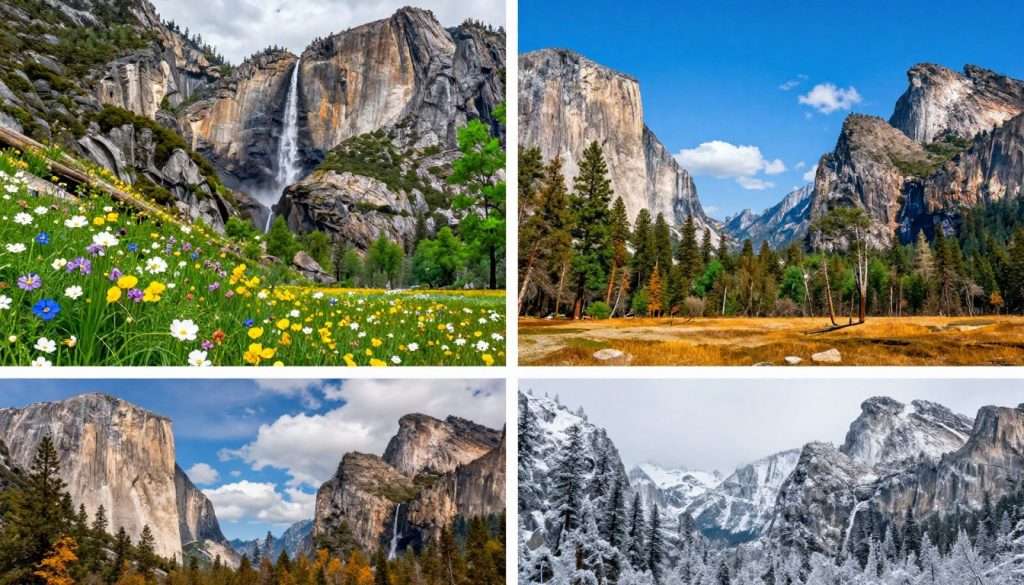 Four seasons collage showing Yosemite in different weather conditions Four seasons collage showing Yosemite in different weather conditions