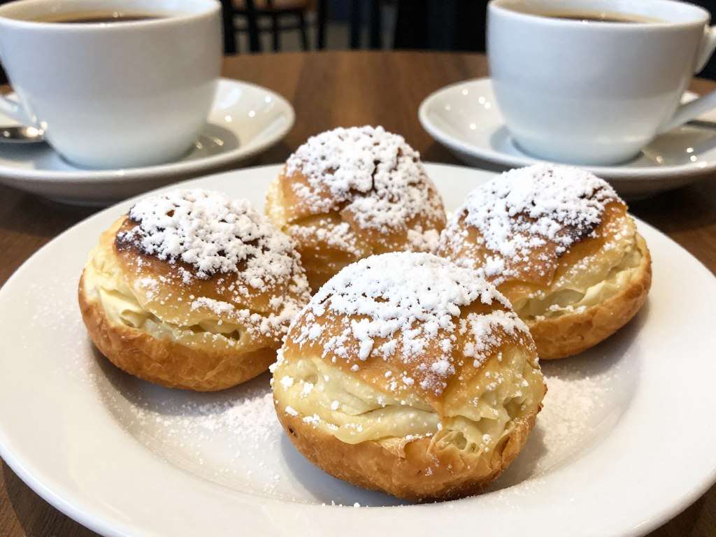Fresh beignets covered in powdered sugar on a plate Fresh beignets covered in powdered sugar on a plate