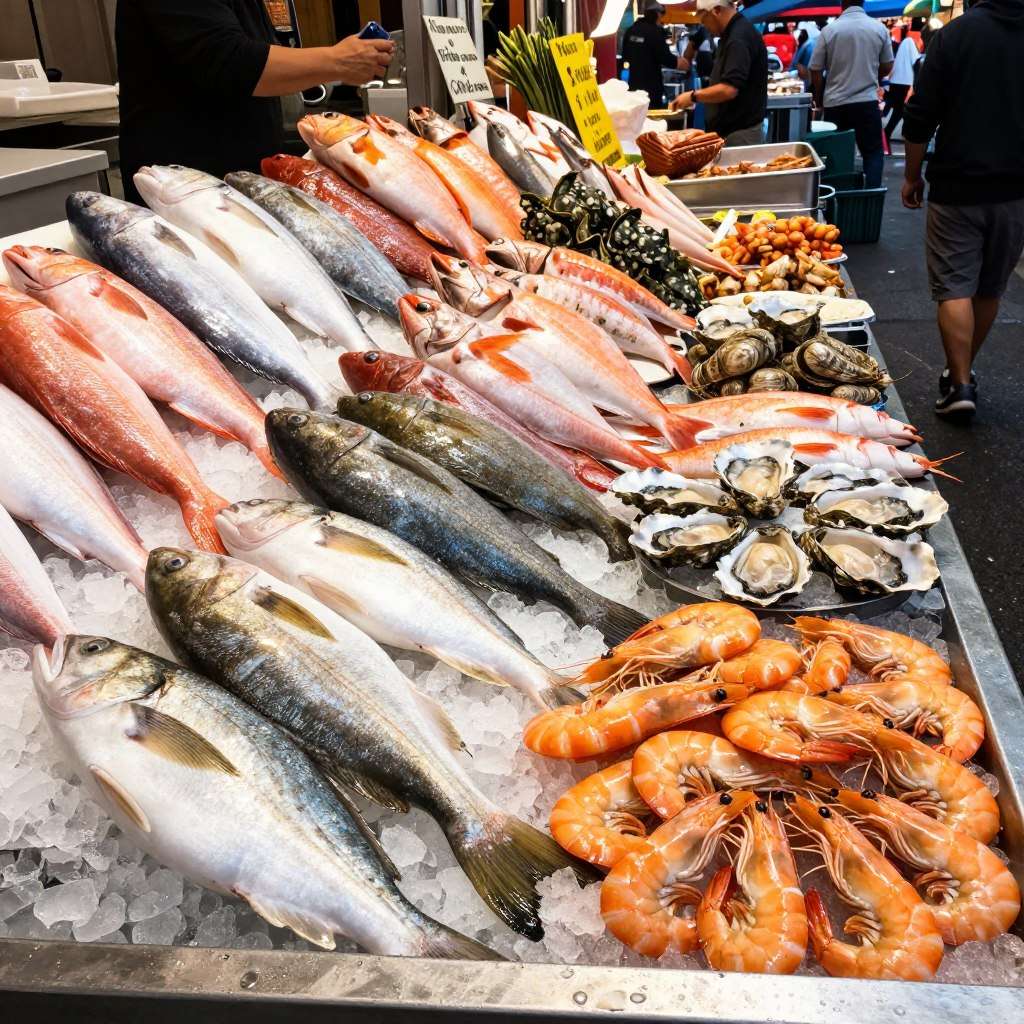 Fresh seafood display at Sydney Fish Market Fresh seafood display at Sydney Fish Market