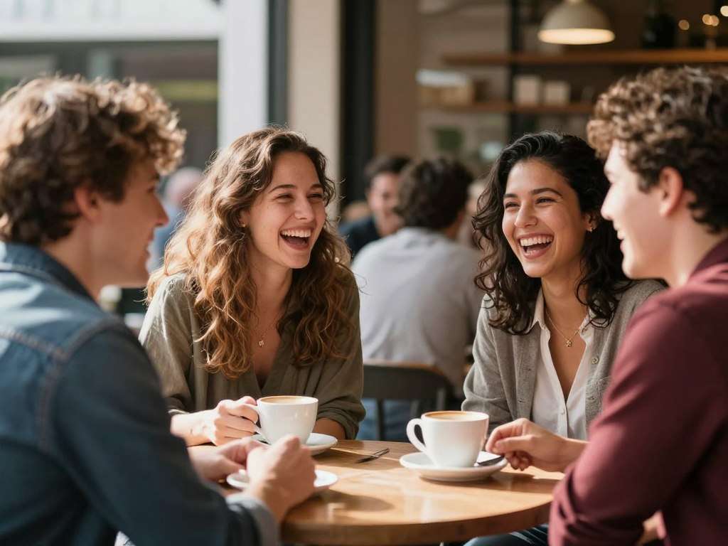 Friends laughing together at Sydney cafe Friends laughing together at Sydney cafe