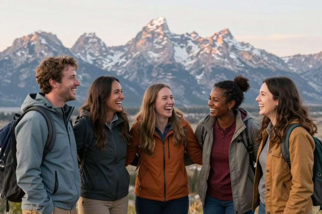 Group of friends enjoying Grand Teton National Park together Group of friends enjoying Grand Teton National Park together