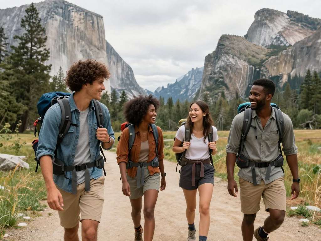 Group of friends hiking together on Yosemite trail laughing Group of friends hiking together on Yosemite trail laughing