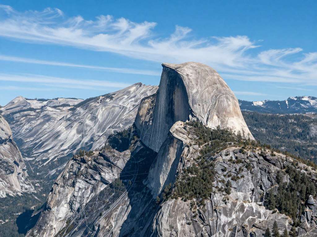 Half Dome with cables route visible for Yosemite puns article Half Dome with cables route visible for Yosemite puns article
