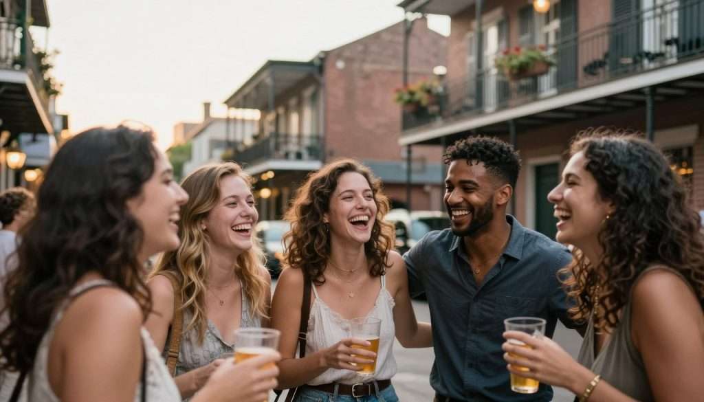 Happy group of friends laughing together in French Quarter Happy group of friends laughing together in French Quarter