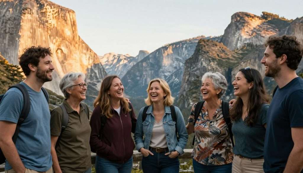 Happy visitors enjoying Yosemite with laughing expressions and scenic backdrop Happy visitors enjoying Yosemite with laughing expressions and scenic backdrop