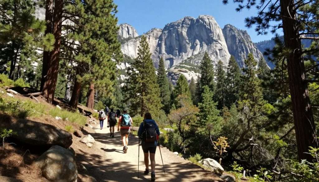 Hikers on trail in Yosemite with mountain views for puns article Hikers on trail in Yosemite with mountain views for puns article