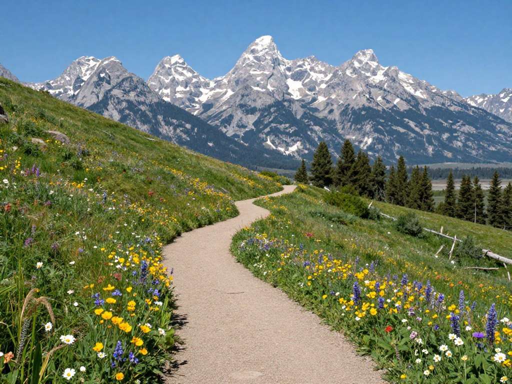 Hiking trail through Grand Teton National Park with wildflowers Hiking trail through Grand Teton National Park with wildflowers