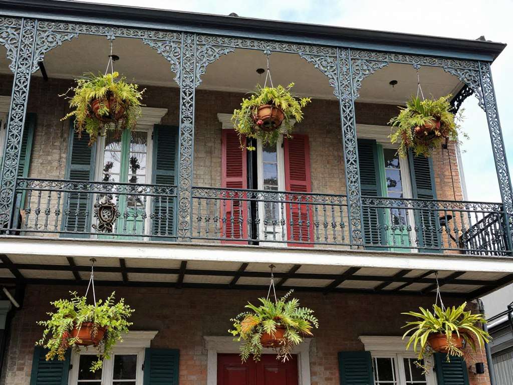 Historic French Quarter architecture with iron balconies Historic French Quarter architecture with iron balconies