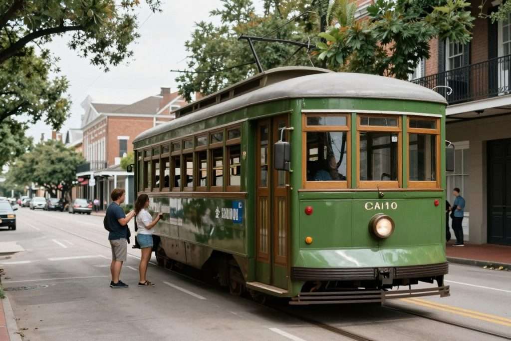 Historic green streetcar on New Orleans tracks Historic green streetcar on New Orleans tracks