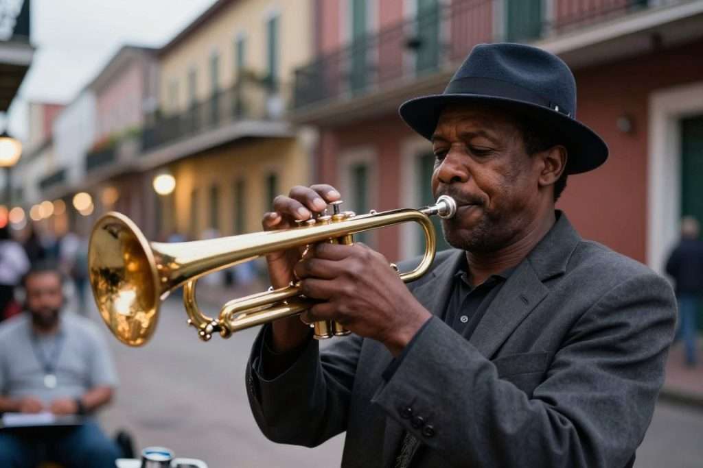 Jazz musician playing trumpet on French Quarter street Jazz musician playing trumpet on French Quarter street