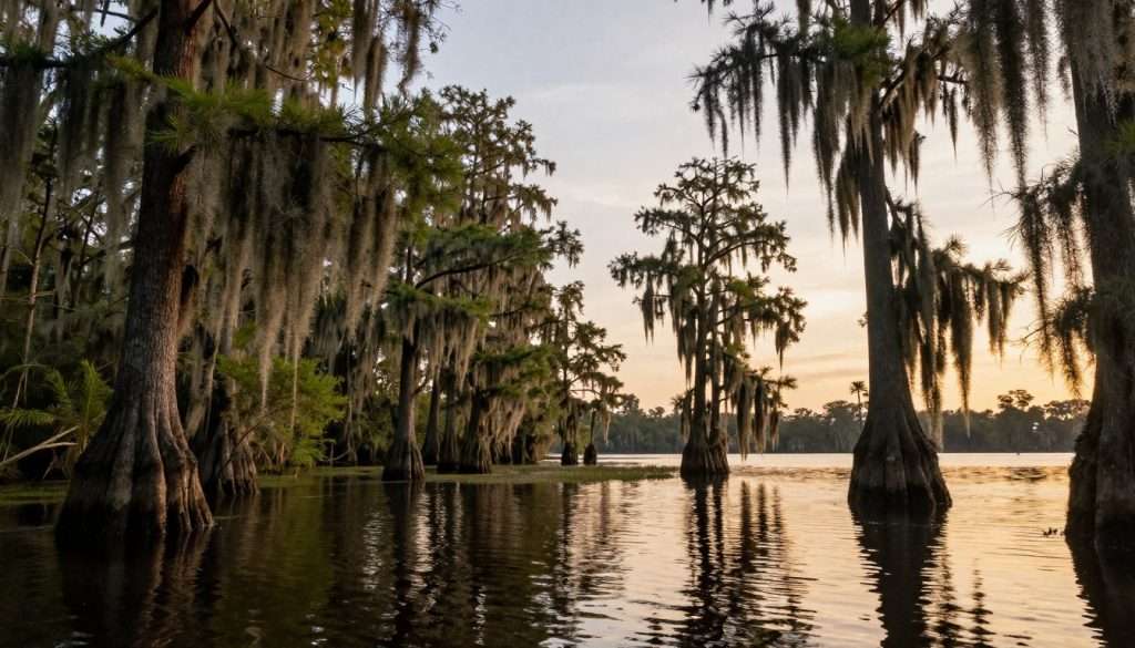Louisiana bayou with cypress trees and Spanish moss Louisiana bayou with cypress trees and Spanish moss