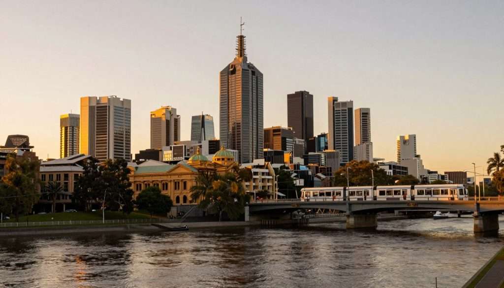 Melbourne city skyline at golden hour