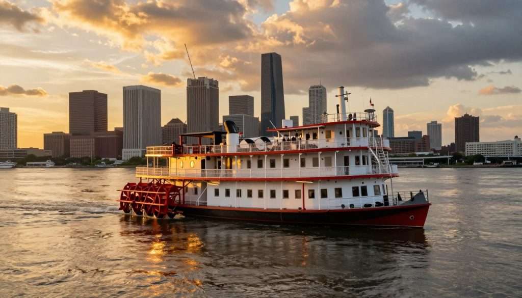 Mississippi River steamboat at sunset with New Orleans skyline Mississippi River steamboat at sunset with New Orleans skyline