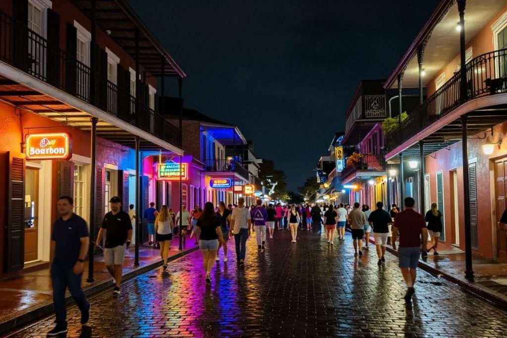Neon lights illuminating Bourbon Street at night Neon lights illuminating Bourbon Street at night