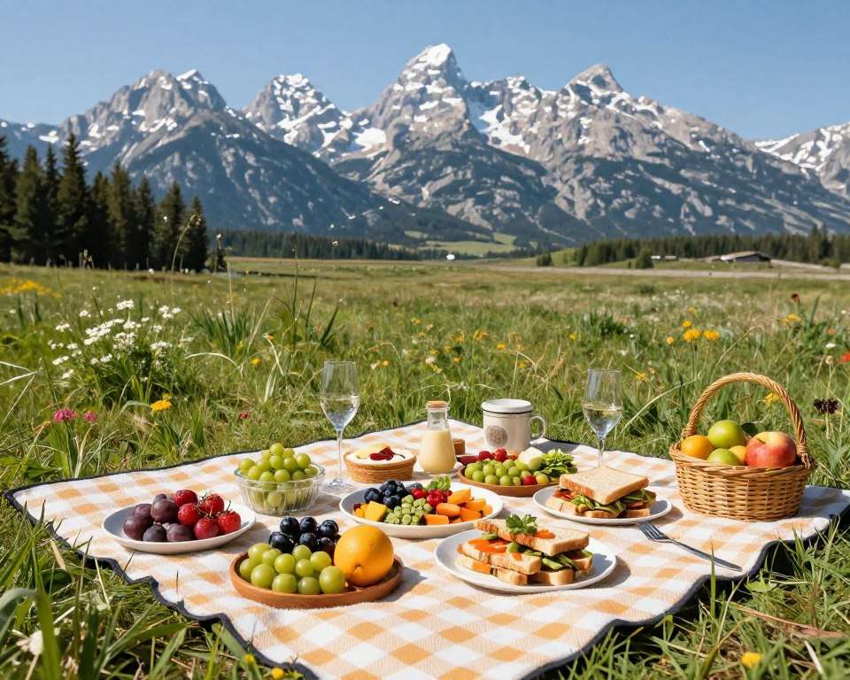Outdoor dining picnic setup with Grand Teton mountain view Outdoor dining picnic setup with Grand Teton mountain view