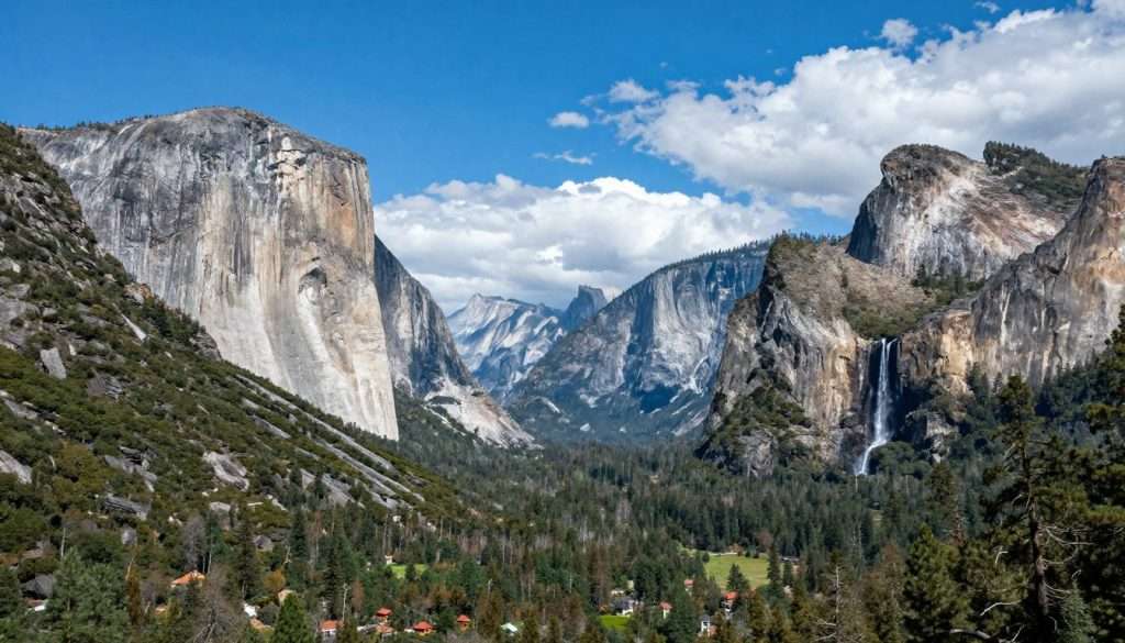 Panoramic Yosemite Valley view showing multiple landmarks for final puns section Panoramic Yosemite Valley view showing multiple landmarks for final puns section