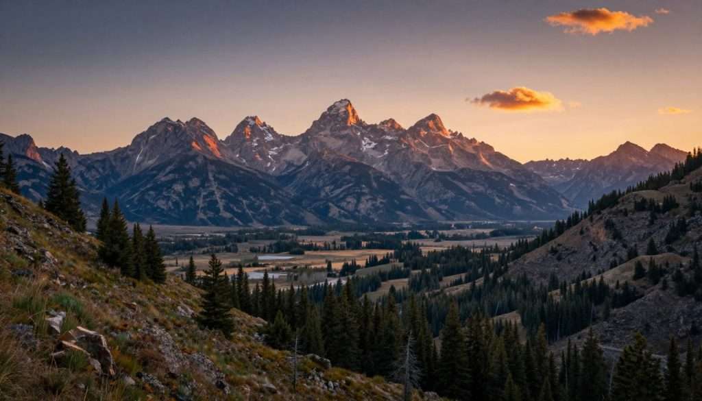 Panoramic view of Grand Teton National Park at golden hour Panoramic view of Grand Teton National Park at golden hour
