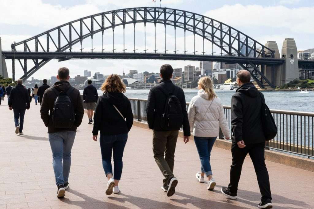 People walking across Sydney Harbour Bridge People walking across Sydney Harbour Bridge