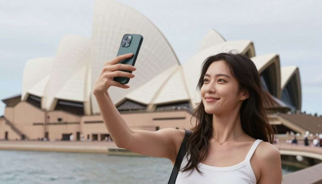Person taking selfie at Sydney Opera House Person taking selfie at Sydney Opera House
