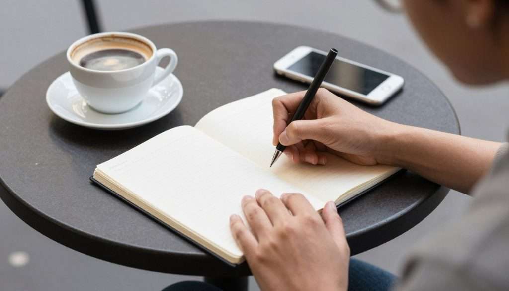 Person writing in notebook at Sydney cafe Person writing in notebook at Sydney cafe