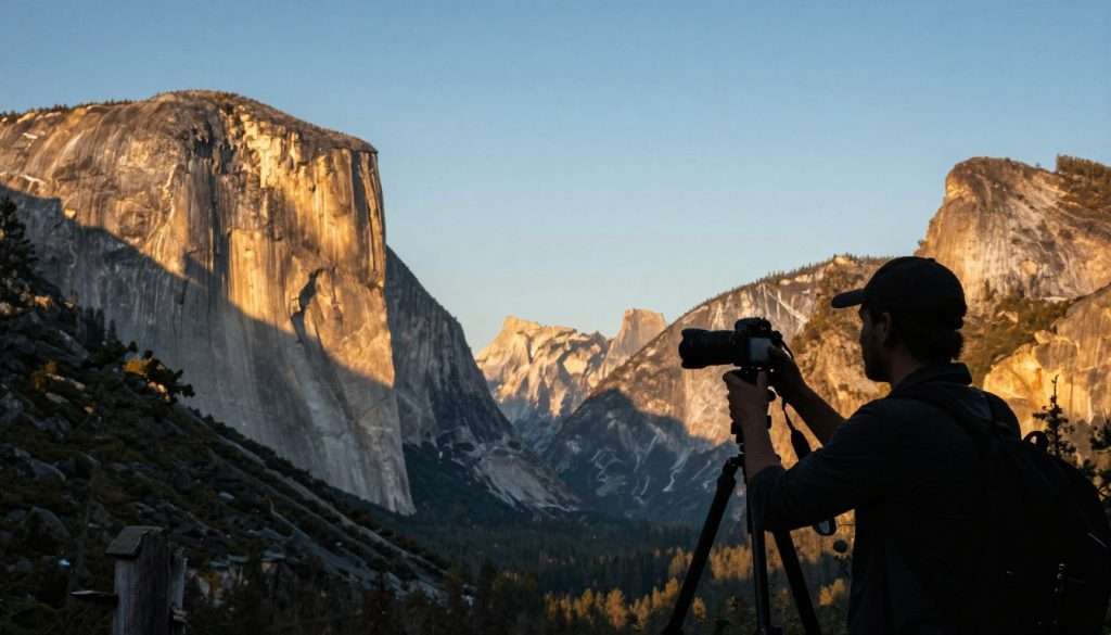 Photographer capturing Yosemite landscape with professional camera equipment Photographer capturing Yosemite landscape with professional camera equipment