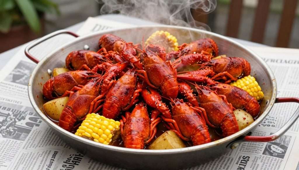Steaming pot of crawfish boil with corn and potatoes Steaming pot of crawfish boil with corn and potatoes