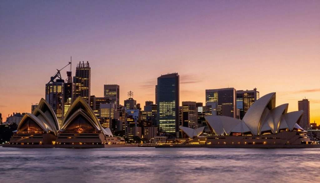 Sydney skyline at dusk with city lights Sydney skyline at dusk with city lights