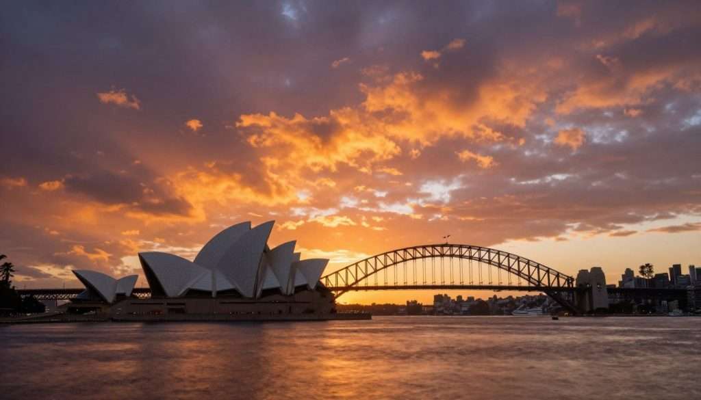 Sydney sunset over harbor with orange sky Sydney sunset over harbor with orange sky