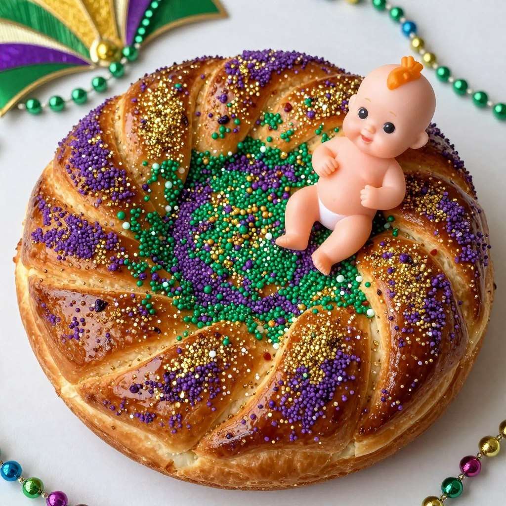 Traditional Mardi Gras king cake with purple, green, and gold icing Traditional Mardi Gras king cake with purple, green, and gold icing