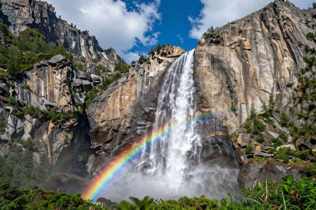 Yosemite Falls cascading down cliff with rainbow mist for puns collection Yosemite Falls cascading down cliff with rainbow mist for puns collection
