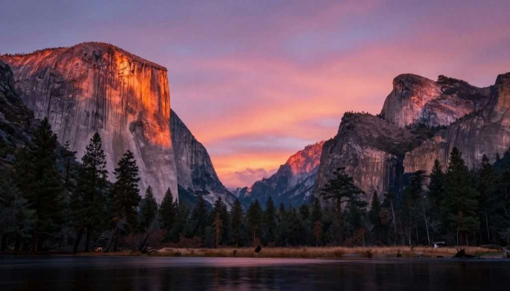 Yosemite sunrise with Half Dome glowing in alpenglow Yosemite sunrise with Half Dome glowing in alpenglow