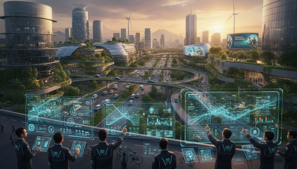 A bustling urban landscape of Bandung in 2050, featuring a decentralized IoT management system. In the foreground, professionals in smart uniforms monitor holographic displays of real-time data on transportation and environmental metrics. The middle ground showcases a blend of smart vehicles and cyclists, integrated with digital signage, as green spaces intertwine with futuristic architecture. In the background, the iconic Bandung skyline is visible, enhanced by renewable energy sources like wind turbines and solar panels. The scene is illuminated by warm, ambient lighting during sunset, creating a sense of hope and innovation. The atmosphere is lively yet organized, highlighting the synergy between technology and urban life in a sustainable future. A bustling urban landscape of Bandung in 2050, featuring a decentralized IoT management system. In the foreground, professionals in smart uniforms monitor holographic displays of real-time data on transportation and environmental metrics. The middle ground showcases a blend of smart vehicles and cyclists, integrated with digital signage, as green spaces intertwine with futuristic architecture. In the background, the iconic Bandung skyline is visible, enhanced by renewable energy sources like wind turbines and solar panels. The scene is illuminated by warm, ambient lighting during sunset, creating a sense of hope and innovation. The atmosphere is lively yet organized, highlighting the synergy between technology and urban life in a sustainable future.