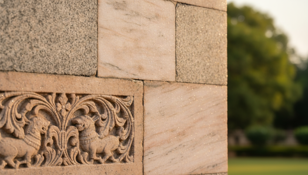 A close-up view of a historic wall made of pink marble and granite, showcasing non-invasive mineral masonry glazes. The glazes appear as a translucent, breathable shield, slightly shimmering under soft daylight, reflecting a spectrum of warm tones. In the foreground, intricate stone carvings are visible, contrasted against the glazes, emphasizing protection and preservation. The middle ground reveals the surface of the glazes with fine texture details, highlighting their mineral composition. In the background, lush greenery of Mysore Palace gardens gently frames the scene, bathed in golden hour light, creating an atmosphere of tranquility and reverence for heritage. The angle captures the protective layer's delicate interaction with the historic materials, evoking a sense of innovation and respect for tradition. A close-up view of a historic wall made of pink marble and granite, showcasing non-invasive mineral masonry glazes. The glazes appear as a translucent, breathable shield, slightly shimmering under soft daylight, reflecting a spectrum of warm tones. In the foreground, intricate stone carvings are visible, contrasted against the glazes, emphasizing protection and preservation. The middle ground reveals the surface of the glazes with fine texture details, highlighting their mineral composition. In the background, lush greenery of Mysore Palace gardens gently frames the scene, bathed in golden hour light, creating an atmosphere of tranquility and reverence for heritage. The angle captures the protective layer's delicate interaction with the historic materials, evoking a sense of innovation and respect for tradition.