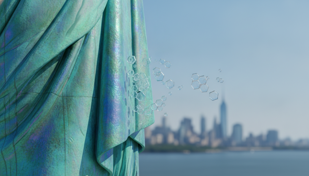 A close-up view of the Statue of Liberty's copper skin, showcasing a shimmering layer of nano-molecular glaze that protects against saltwater corrosion. In the foreground, the glossy, iridescent surface of the copper is highlighted, revealing intricate details of the patina reflecting various shades of green and blue. The middle ground features microscopic representations of salt particles being repelled by the advanced glaze, illustrating a technological marvel with a scientific backdrop. The background presents a hazy silhouette of a coastal cityscape under a bright, clear sky, symbolizing progress and innovation in marine defense. Soft, diffused natural light bathes the scene, creating an atmosphere of hope and resilience, while maintaining a focus on the advanced materials and their protective capabilities against the elements. A close-up view of the Statue of Liberty's copper skin, showcasing a shimmering layer of nano-molecular glaze that protects against saltwater corrosion. In the foreground, the glossy, iridescent surface of the copper is highlighted, revealing intricate details of the patina reflecting various shades of green and blue. The middle ground features microscopic representations of salt particles being repelled by the advanced glaze, illustrating a technological marvel with a scientific backdrop. The background presents a hazy silhouette of a coastal cityscape under a bright, clear sky, symbolizing progress and innovation in marine defense. Soft, diffused natural light bathes the scene, creating an atmosphere of hope and resilience, while maintaining a focus on the advanced materials and their protective capabilities against the elements.