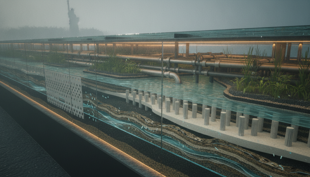 A detailed cross-sectional view of an intricate subsurface hydrologic engineering wave-attenuation matrix beneath the Liberty Island promenade. In the foreground, showcase a transparent layer revealing advanced engineering structures like permeable barriers and sediment filters designed for wave attenuation. The middle section should feature a network of interconnected pipes and natural filtration zones, with subtle water flow illustrated by soft currents. The background displays a faint outline of the Statue of Liberty above ground, shrouded in mist, to symbolize the protective role of the invisible fortress. Use warm, ambient lighting to create a sense of innovation and resilience, with a slight emphasis on blue and green hues to evoke a serene aquatic atmosphere. Capture the image from a low angle, emphasizing depth and complexity without any text or watermarks. A detailed cross-sectional view of an intricate subsurface hydrologic engineering wave-attenuation matrix beneath the Liberty Island promenade. In the foreground, showcase a transparent layer revealing advanced engineering structures like permeable barriers and sediment filters designed for wave attenuation. The middle section should feature a network of interconnected pipes and natural filtration zones, with subtle water flow illustrated by soft currents. The background displays a faint outline of the Statue of Liberty above ground, shrouded in mist, to symbolize the protective role of the invisible fortress. Use warm, ambient lighting to create a sense of innovation and resilience, with a slight emphasis on blue and green hues to evoke a serene aquatic atmosphere. Capture the image from a low angle, emphasizing depth and complexity without any text or watermarks.