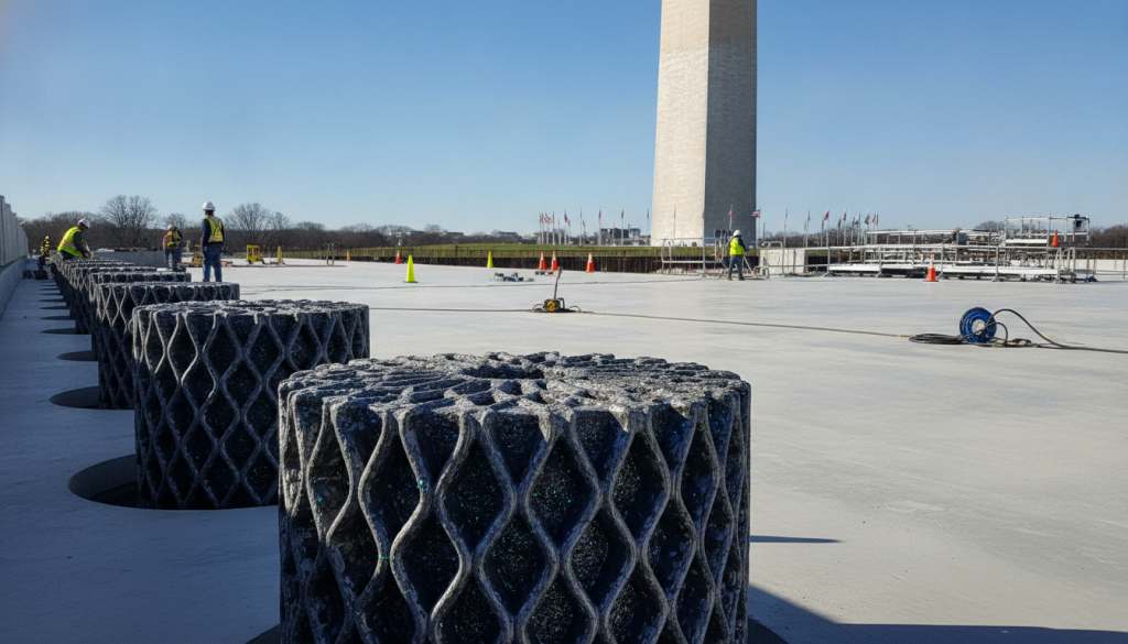 A detailed view of seismic dampening bearings installed beneath the Washington Monument foundation, emphasizing advanced nano-material technology. In the foreground, showcase robust, cylindrical bearings with intricate designs, partially embedded in a concrete mat, reflective of modern engineering. In the middle ground, capture the smooth, polished surface of the foundation mat, surrounded by construction tools and safety equipment, hinting at ongoing architectural innovation. The Washington Monument rises majestically in the background against a clear blue sky, symbolizing historical resilience. Natural sunlight casts dynamic shadows, enhancing textures and creating a sense of depth. The overall atmosphere is one of cutting-edge technology and stability, portraying the future of seismic resilience. A detailed view of seismic dampening bearings installed beneath the Washington Monument foundation, emphasizing advanced nano-material technology. In the foreground, showcase robust, cylindrical bearings with intricate designs, partially embedded in a concrete mat, reflective of modern engineering. In the middle ground, capture the smooth, polished surface of the foundation mat, surrounded by construction tools and safety equipment, hinting at ongoing architectural innovation. The Washington Monument rises majestically in the background against a clear blue sky, symbolizing historical resilience. Natural sunlight casts dynamic shadows, enhancing textures and creating a sense of depth. The overall atmosphere is one of cutting-edge technology and stability, portraying the future of seismic resilience.