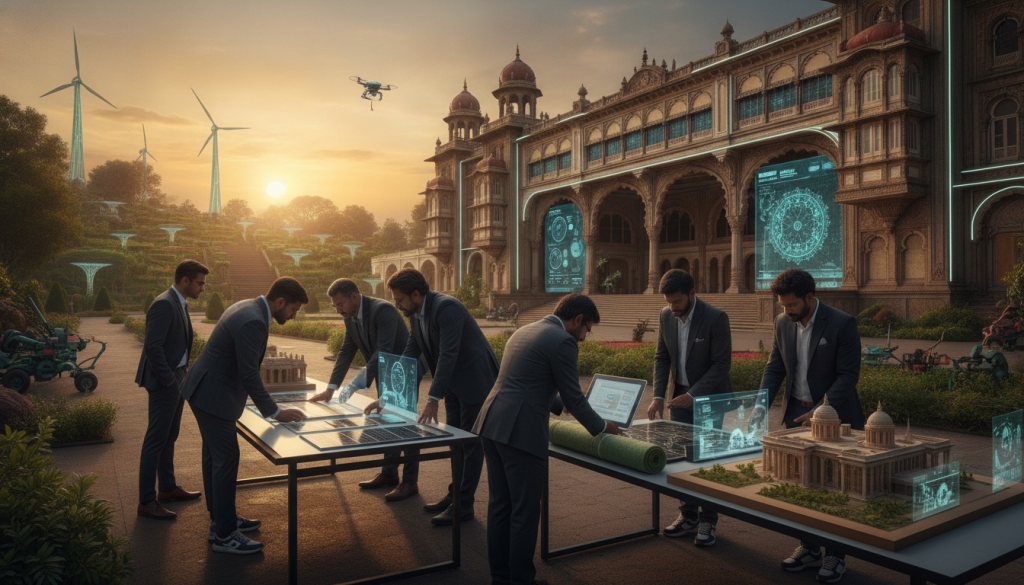 A dynamic scene showcasing the fusion of advanced technology and traditional craftsmanship at Mysore Palace in 2050. In the foreground, a team of professionals in smart casual attire examines innovative nano-materials and environmental solutions, like transparent solar panels and green insulation materials. The middle ground features the ornate architecture of the palace, with intricate 1912 designs harmoniously intertwined with modern enhancements like digital screens and smart lighting. In the background, lush greenery and futuristic tools illustrate ecological harmony. The golden hues of sunset illuminate the scene, casting soft shadows and creating a warm, optimistic atmosphere. Use a wide-angle lens to capture the stratification of technology and tradition, emphasizing the urgent need for sustainable heritage preservation. A dynamic scene showcasing the fusion of advanced technology and traditional craftsmanship at Mysore Palace in 2050. In the foreground, a team of professionals in smart casual attire examines innovative nano-materials and environmental solutions, like transparent solar panels and green insulation materials. The middle ground features the ornate architecture of the palace, with intricate 1912 designs harmoniously intertwined with modern enhancements like digital screens and smart lighting. In the background, lush greenery and futuristic tools illustrate ecological harmony. The golden hues of sunset illuminate the scene, casting soft shadows and creating a warm, optimistic atmosphere. Use a wide-angle lens to capture the stratification of technology and tradition, emphasizing the urgent need for sustainable heritage preservation.