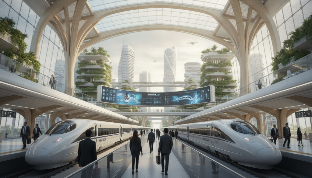 A futuristic high-speed rail station in Indonesia, showcasing the Whoosh transit-oriented development as its centerpiece. In the foreground, sleek modern trains are elegantly docked at ultra-modern platforms, where commuters, dressed in professional business attire, are boarding and alighting. The middle ground features a spacious and airy station with glass walls, greenery integrated throughout, and vibrant digital displays that reflect a futuristic aesthetic. The background illustrates a dynamic urban skyline of Bandung 2050, with innovative architectural designs and lush urban greenery. Soft, natural lighting floods the scene, creating an inviting atmosphere, while a low-angle perspective captures the grandeur of the station and the activity surrounding it. Emphasize a sense of progress and sustainability, showcasing a vibrant commuting culture in this eco-friendly urban oasis. A futuristic high-speed rail station in Indonesia, showcasing the Whoosh transit-oriented development as its centerpiece. In the foreground, sleek modern trains are elegantly docked at ultra-modern platforms, where commuters, dressed in professional business attire, are boarding and alighting. The middle ground features a spacious and airy station with glass walls, greenery integrated throughout, and vibrant digital displays that reflect a futuristic aesthetic. The background illustrates a dynamic urban skyline of Bandung 2050, with innovative architectural designs and lush urban greenery. Soft, natural lighting floods the scene, creating an inviting atmosphere, while a low-angle perspective captures the grandeur of the station and the activity surrounding it. Emphasize a sense of progress and sustainability, showcasing a vibrant commuting culture in this eco-friendly urban oasis.