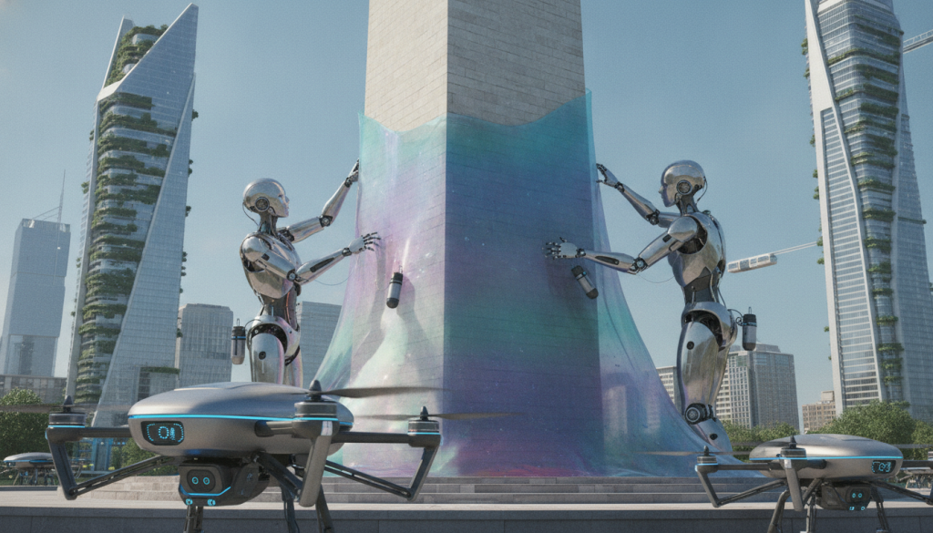 A futuristic scene showcasing the Washington Monument in 2050, surrounded by advanced autonomous management systems designed to protect historic structures. In the foreground, sleek drones equipped with sensors hover near the monument's base, monitoring its condition. In the middle ground, robotic assistants perform maintenance tasks, gently adjusting nano-material shields that shimmer with a subtle iridescence. The backdrop features a clear blue sky with high-tech buildings and green spaces, representing a sustainable urban environment. Soft, diffused sunlight filters through the scene, casting gentle shadows and enhancing the modern, clean aesthetic. The atmosphere is one of innovation, harmony, and respect for heritage, illustrating a global masterclass in monument management. A futuristic scene showcasing the Washington Monument in 2050, surrounded by advanced autonomous management systems designed to protect historic structures. In the foreground, sleek drones equipped with sensors hover near the monument's base, monitoring its condition. In the middle ground, robotic assistants perform maintenance tasks, gently adjusting nano-material shields that shimmer with a subtle iridescence. The backdrop features a clear blue sky with high-tech buildings and green spaces, representing a sustainable urban environment. Soft, diffused sunlight filters through the scene, casting gentle shadows and enhancing the modern, clean aesthetic. The atmosphere is one of innovation, harmony, and respect for heritage, illustrating a global masterclass in monument management.