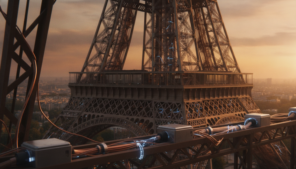 A futuristic vision of the Eiffel Tower's internal armature, showcasing a complex network of IoT stress sensors integrated within its iron skeleton. In the foreground, detailed close-up views of sleek metallic sensors and cables emit a soft blue glow, illustrating advanced technology at work. The middle ground reveals the towering structure of the Eiffel Tower, with vibrant copper elements interspersed, reflecting the integration of modern digital systems. The background features a hazy Paris skyline under a warm sunset, casting golden hues on the scene. The atmosphere is a blend of innovation and heritage, emphasizing the harmonious coexistence of technology and iconic architecture. Use a slightly elevated angle and warm, ambient lighting to enhance depth and interest. A futuristic vision of the Eiffel Tower's internal armature, showcasing a complex network of IoT stress sensors integrated within its iron skeleton. In the foreground, detailed close-up views of sleek metallic sensors and cables emit a soft blue glow, illustrating advanced technology at work. The middle ground reveals the towering structure of the Eiffel Tower, with vibrant copper elements interspersed, reflecting the integration of modern digital systems. The background features a hazy Paris skyline under a warm sunset, casting golden hues on the scene. The atmosphere is a blend of innovation and heritage, emphasizing the harmonious coexistence of technology and iconic architecture. Use a slightly elevated angle and warm, ambient lighting to enhance depth and interest.