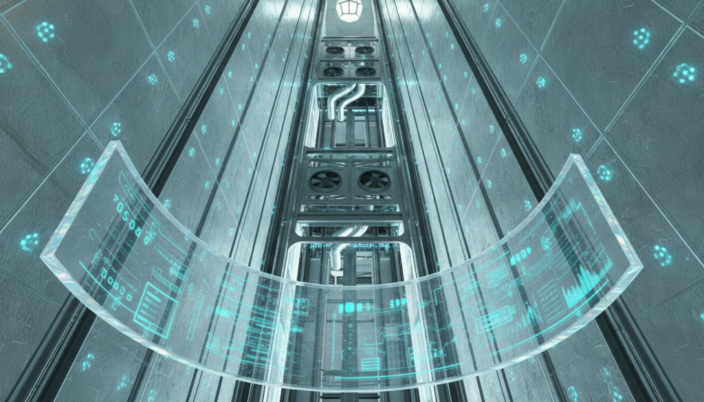 A futuristic zero-grid microclimate control system integrated into the elevator shaft of the Washington Monument, showcasing sleek nano-material panels and advanced sensors. In the foreground, a transparent display shows real-time environmental data, illuminated by soft blue and green LED lights. The middle section features the intricate mechanical components of the elevator, with visible climate control ducts and a sophisticated airflow system designed for energy efficiency. In the background, the monument's stone wall reflects natural light, contrasting with the high-tech installation. The mood is one of innovative harmony, blending cutting-edge technology with historical architecture, captured from a dynamic angle that emphasizes depth and the verticality of the shaft. A futuristic zero-grid microclimate control system integrated into the elevator shaft of the Washington Monument, showcasing sleek nano-material panels and advanced sensors. In the foreground, a transparent display shows real-time environmental data, illuminated by soft blue and green LED lights. The middle section features the intricate mechanical components of the elevator, with visible climate control ducts and a sophisticated airflow system designed for energy efficiency. In the background, the monument's stone wall reflects natural light, contrasting with the high-tech installation. The mood is one of innovative harmony, blending cutting-edge technology with historical architecture, captured from a dynamic angle that emphasizes depth and the verticality of the shaft.