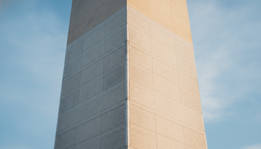 A majestic view of the Washington Monument, elegantly enveloped in a subtle layer of nano-molecular breathable glazing, highlighting the intricate textures of the marble surface. In the foreground, the monument stands tall, with its pristine white stone reflecting soft, ambient sunlight, showcasing the glazes' non-invasive protection properties. The middle ground features close-up details of the glazes, shimmering slightly to signify their advanced technological composition while allowing breathability. In the background, an ethereal blue sky merges with soft clouds, creating a tranquil atmosphere that emphasizes the monument's significance. The shot is captured from a slightly lower angle, enhancing the monument's grandeur, with a warm, inviting light that conveys a sense of innovation and preservation. A majestic view of the Washington Monument, elegantly enveloped in a subtle layer of nano-molecular breathable glazing, highlighting the intricate textures of the marble surface. In the foreground, the monument stands tall, with its pristine white stone reflecting soft, ambient sunlight, showcasing the glazes' non-invasive protection properties. The middle ground features close-up details of the glazes, shimmering slightly to signify their advanced technological composition while allowing breathability. In the background, an ethereal blue sky merges with soft clouds, creating a tranquil atmosphere that emphasizes the monument's significance. The shot is captured from a slightly lower angle, enhancing the monument's grandeur, with a warm, inviting light that conveys a sense of innovation and preservation.