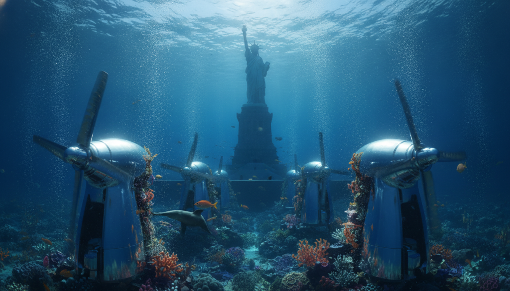 A serene underwater view beneath Liberty Island, showcasing kinetic marine turbines elegantly designed to harness tidal flow energy. In the foreground, a series of polished, futuristic turbines with rotating blades are surrounded by shimmering water currents, reflecting ambient light from above. The middle ground reveals the vibrant marine life thriving around the turbines, illustrating the harmony between technology and nature. In the background, the iconic silhouette of the Statue of Liberty is faintly visible, framed by the deep blue hues of the harbor. Soft, diffuse lighting creates a tranquil atmosphere, while bubbles and currents add motion to the scene. The perspective captures a wide angle, emphasizing the scale and innovation of this hidden marine microgrid in New York Harbor. A serene underwater view beneath Liberty Island, showcasing kinetic marine turbines elegantly designed to harness tidal flow energy. In the foreground, a series of polished, futuristic turbines with rotating blades are surrounded by shimmering water currents, reflecting ambient light from above. The middle ground reveals the vibrant marine life thriving around the turbines, illustrating the harmony between technology and nature. In the background, the iconic silhouette of the Statue of Liberty is faintly visible, framed by the deep blue hues of the harbor. Soft, diffuse lighting creates a tranquil atmosphere, while bubbles and currents add motion to the scene. The perspective captures a wide angle, emphasizing the scale and innovation of this hidden marine microgrid in New York Harbor.