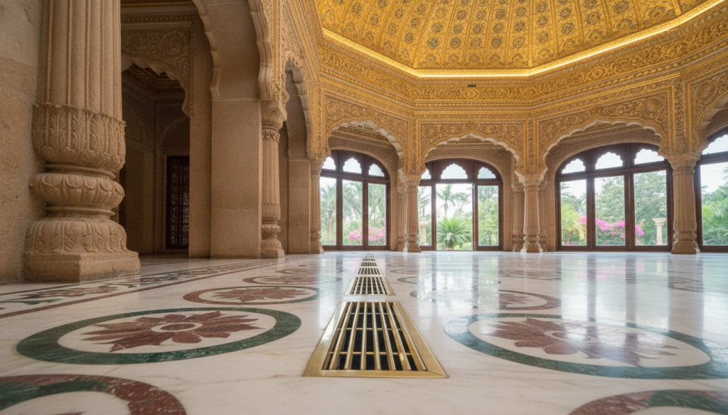 A sophisticated interior view of a heritage building featuring a floor-integrated displacement cooling system, highlighting the exquisite details of the Zero-Grid Durbar Hall. The foreground focuses on the sleek vents seamlessly integrated into the ornate marble floor, surrounded by traditional Indian architectural elements. In the middle ground, showcase the impressive gold-leaf ceilings and intricate frescoes, subtly illuminated by warm, diffuse lighting that enhances the opulence of the space. The background reveals large, elegantly framed windows opening to a lush garden, inviting natural light. Capture the atmosphere of innovative microclimate engineering harmonizing with historical grandeur, using a low-angle shot to emphasize the height and beauty of the hall, creating a mood of awe and tranquility. The scene is devoid of any human figures, maintaining a professional tone. A sophisticated interior view of a heritage building featuring a floor-integrated displacement cooling system, highlighting the exquisite details of the Zero-Grid Durbar Hall. The foreground focuses on the sleek vents seamlessly integrated into the ornate marble floor, surrounded by traditional Indian architectural elements. In the middle ground, showcase the impressive gold-leaf ceilings and intricate frescoes, subtly illuminated by warm, diffuse lighting that enhances the opulence of the space. The background reveals large, elegantly framed windows opening to a lush garden, inviting natural light. Capture the atmosphere of innovative microclimate engineering harmonizing with historical grandeur, using a low-angle shot to emphasize the height and beauty of the hall, creating a mood of awe and tranquility. The scene is devoid of any human figures, maintaining a professional tone.