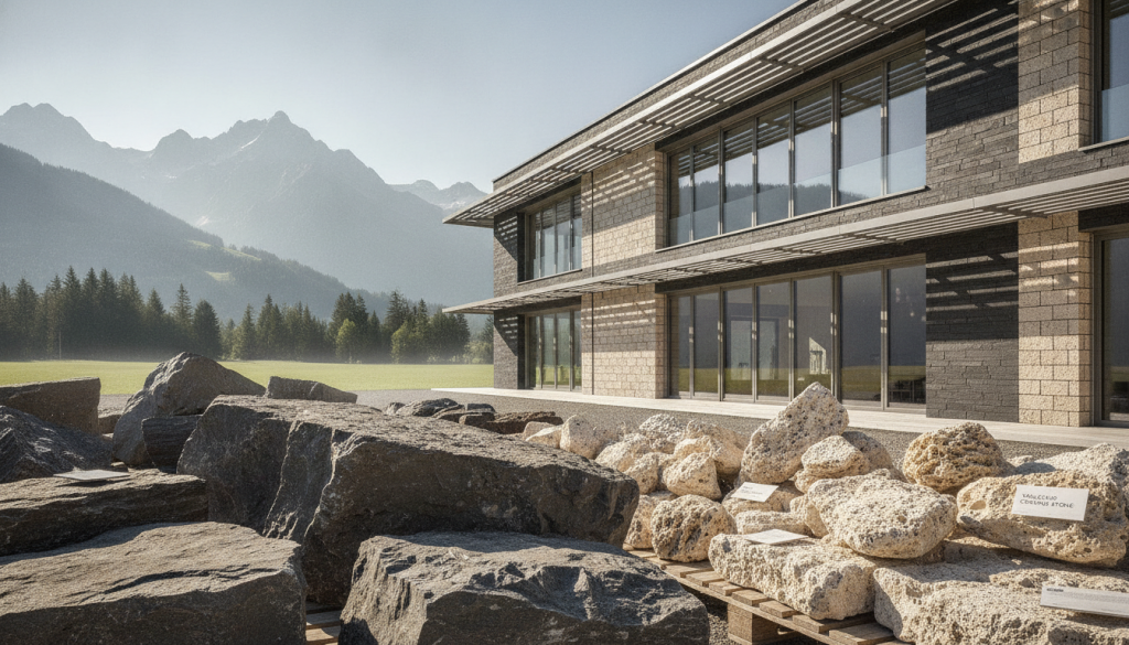 A stunning depiction of building materials for passive cooling architecture made from volcanic stone, displayed prominently in the foreground. The rough, textured surfaces of dark basalt stones are interspersed with lighter porous pumice, showcasing their natural variations and unique geology. In the middle ground, an innovative building design integrates these materials, featuring large windows and shaded outdoor areas that enhance airflow and reduce heat. The background offers a serene Alpine landscape with distant mountains and lush greenery under a clear blue sky, invoking a sense of harmony with nature. Soft, diffused sunlight casts gentle shadows, creating a tranquil atmosphere. The composition uses a wide-angle lens to emphasize the grandeur of both the architectural elements and the surrounding environment, reflecting a modern approach to climate-responsive design. A stunning depiction of building materials for passive cooling architecture made from volcanic stone, displayed prominently in the foreground. The rough, textured surfaces of dark basalt stones are interspersed with lighter porous pumice, showcasing their natural variations and unique geology. In the middle ground, an innovative building design integrates these materials, featuring large windows and shaded outdoor areas that enhance airflow and reduce heat. The background offers a serene Alpine landscape with distant mountains and lush greenery under a clear blue sky, invoking a sense of harmony with nature. Soft, diffused sunlight casts gentle shadows, creating a tranquil atmosphere. The composition uses a wide-angle lens to emphasize the grandeur of both the architectural elements and the surrounding environment, reflecting a modern approach to climate-responsive design.