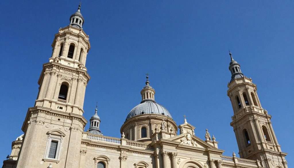 Basilica del Pilar towers against blue sky