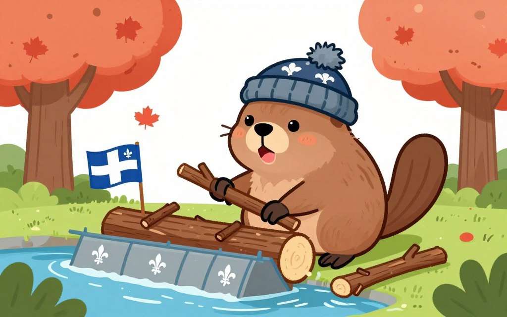 Cartoon beaver building dam with Quebec symbols Cartoon beaver building dam with Quebec symbols